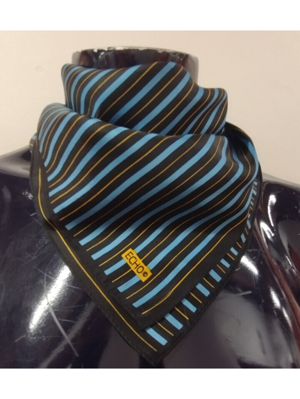 Vintage Echo Scarf Black Striped Yellow Blue Silk Blend Men's Dandy Gangster 70s